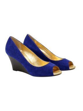Lilly Pulitzer Resort Chic Wedge in Bomber Blue Suede Peep Toe Sz 9 Gold Insole